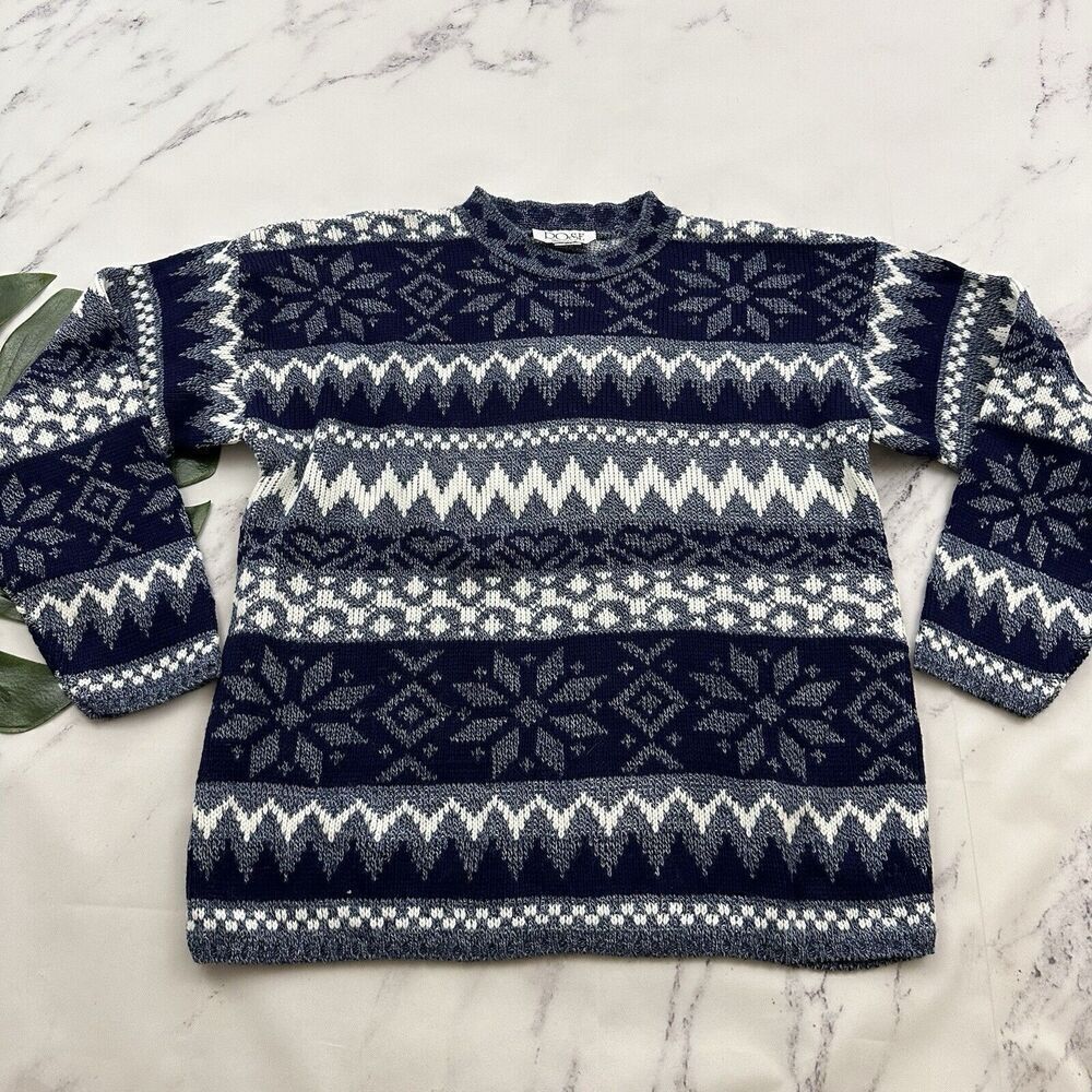 Rose Womens Vintage 80s Nordic Fair Isle Pullover Sweater Sz L Blue White Heart